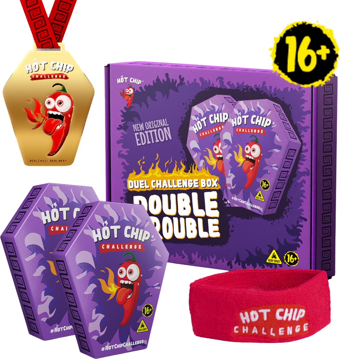 Hot Chip Duel Challenge Box Double Trouble – 2x HOT-CHIP Challenge met Carolina Reaper – Extreem Pittige Tortillachips voor 2 Personen – Cadeauset met Medaille, Hoofdbanden, Certificaten, Armbanden, Tattoos & Stickers – 5 g
