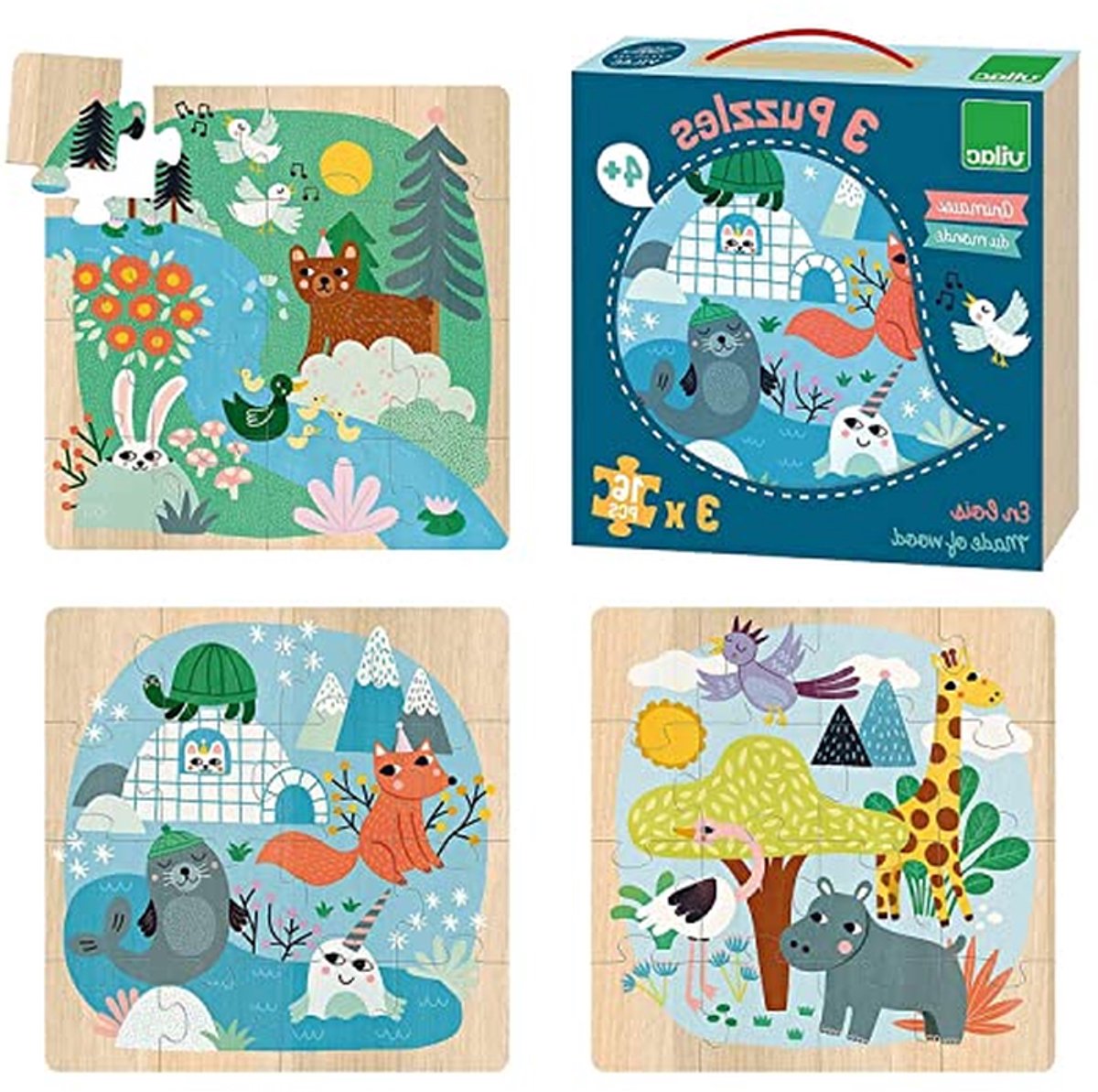 Houten Puzzels Wereld - Dieren Puzzels - Educatief Spel - 3 Scènes - 21 x 45 x 21 cm - Meerkleurig