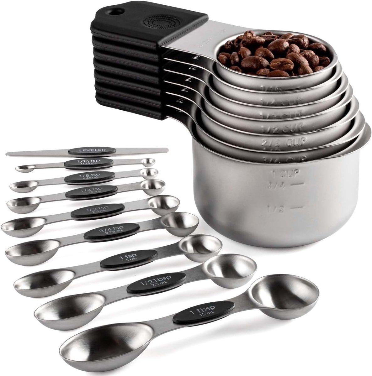 Magnetische maatbeker- en lepelset, bestaande uit 7 stapelbare roestvrijstalen maatbekers en 8 dubbelzijdige magnetische maatlepels (Geschikt voor 1 afstrijker), Geschikt voor zowel droge als vloeibare ingrediënten (zwart).