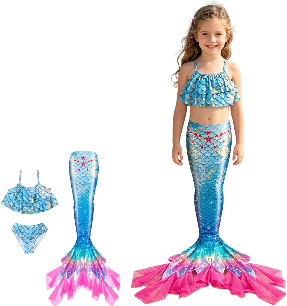 Joya Kids® Zeemeerminstaart met Bikini Verkleedset Blauw Roze met Franje | Zeemeermin Staart met Bijpassende Bikini | Mermaid Staart | Zeemeermin Verkleedkleding Meisje | Zonder Monovin | Maat 130