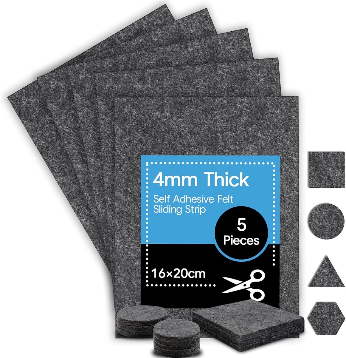 Viltglijders, zelfklevend, 5 stuks, 16 x 20 cm, antislippads om op | maat te snijden, 4 mm dikke viltdoppen voor stoelen, vilt, zelfklevend, voor meubelpoten en handwerk (grijs)