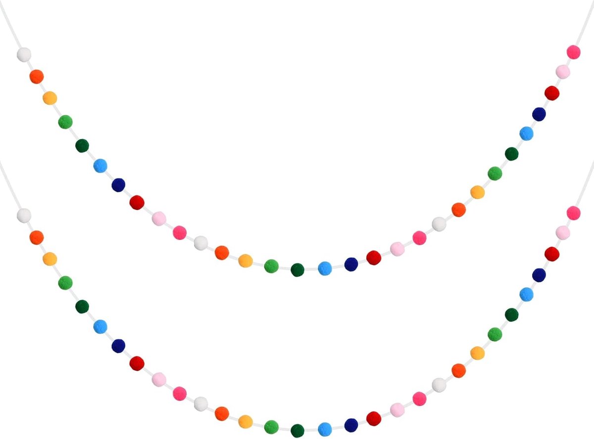 2 stuks kleurrijke vilten ballen slingers, 2,5 m wol vilt bal slinger met 30 pompons, vilten pompons, slingers pompompons, slingers vilten ketting voor muur party decoratie kerstboom sieraden