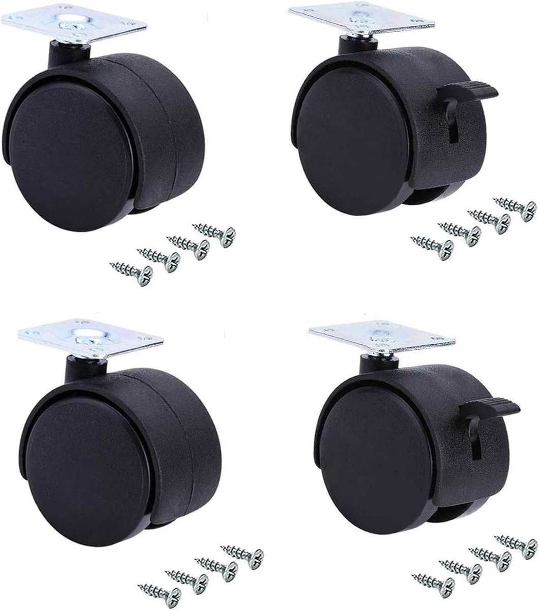 Zwenkwielen van 50 mm met draaibare plaat (2 met rem + 2 zonder rem)