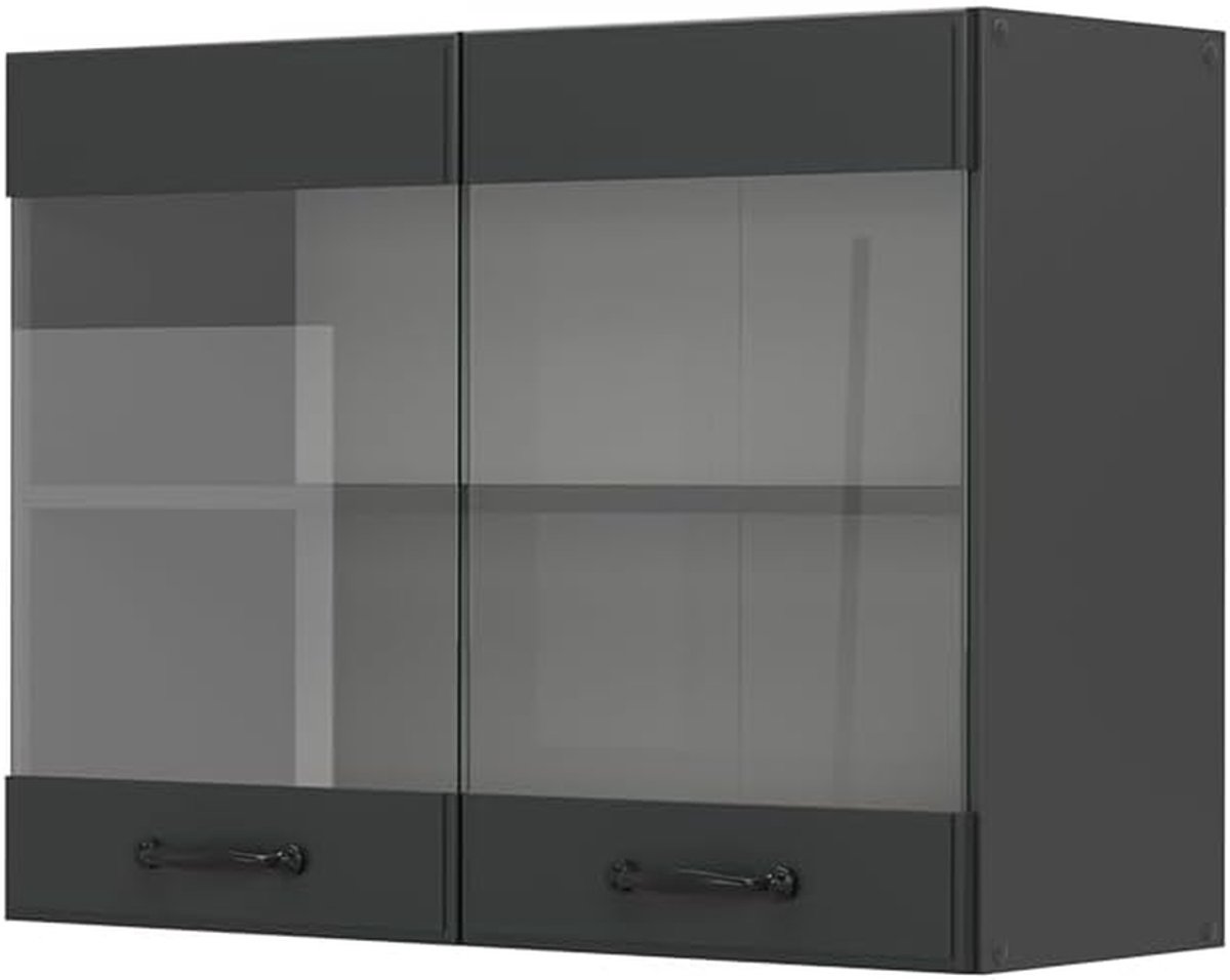 Glazen keukenkast - Servieskast vitrine - Keuken opbergen - Glazen deuren - 80 cm breed - Antraciet landhuis