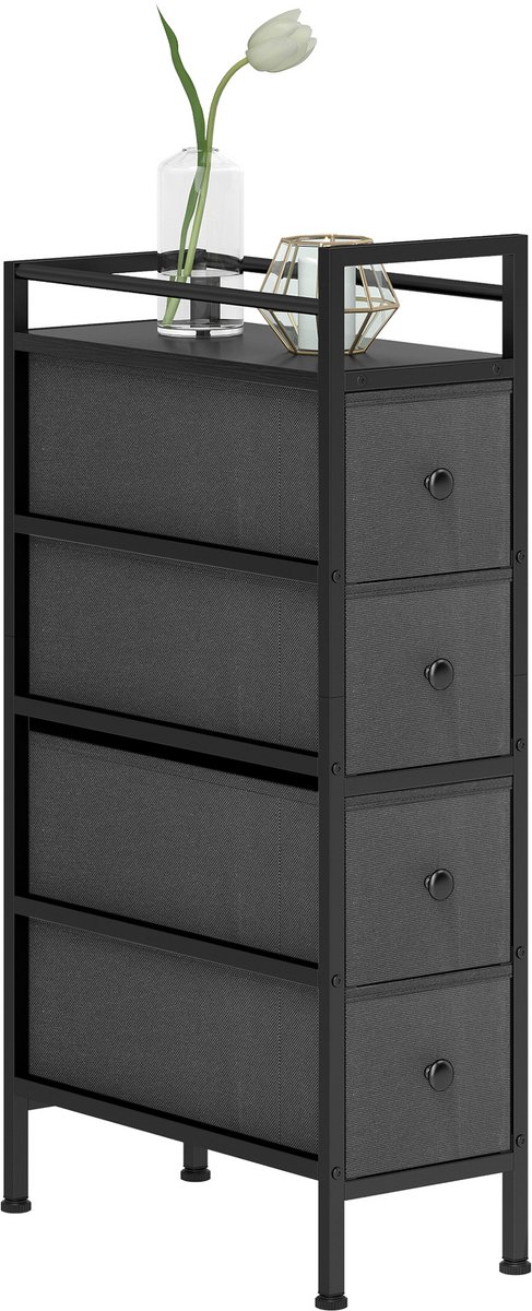 Sogiol® Smalle Ladekast met 4 Stoffen Lades - Ruimtebesparend Opbergmeubel met Stalen Frame - Voor Slaapkamer, Woonkamer & Badkamer - 20 cm Breed - Zwart