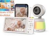 Gigaset babyfoon met camera en monitor. De monitor toont een slapende baby. Ook de VTech knuffelkat is afgebeeld.