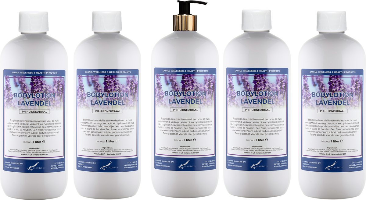 Bodylotion Lavendel 1 Liter - met gouden pomp - set van 5 stuks - Voordeelverpakking