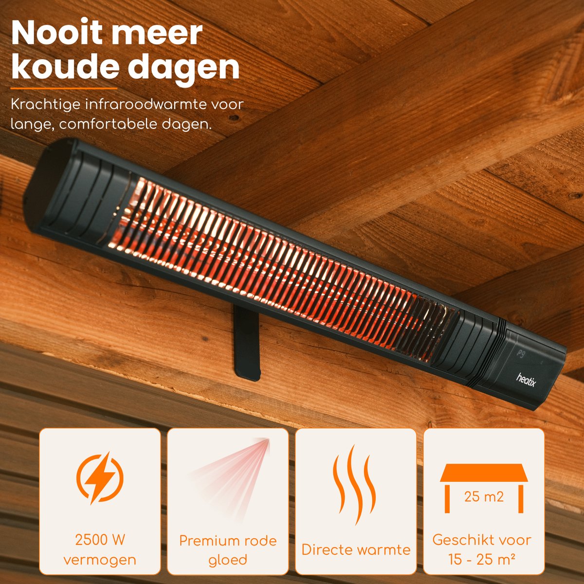 Heatix Smart Golden Shadow Terrasverwarmer – Elektrisch Infrarood Wandmodel – 2500W – App & Afstandsbediening – 9 Warmtestanden – IP65 – foto 7