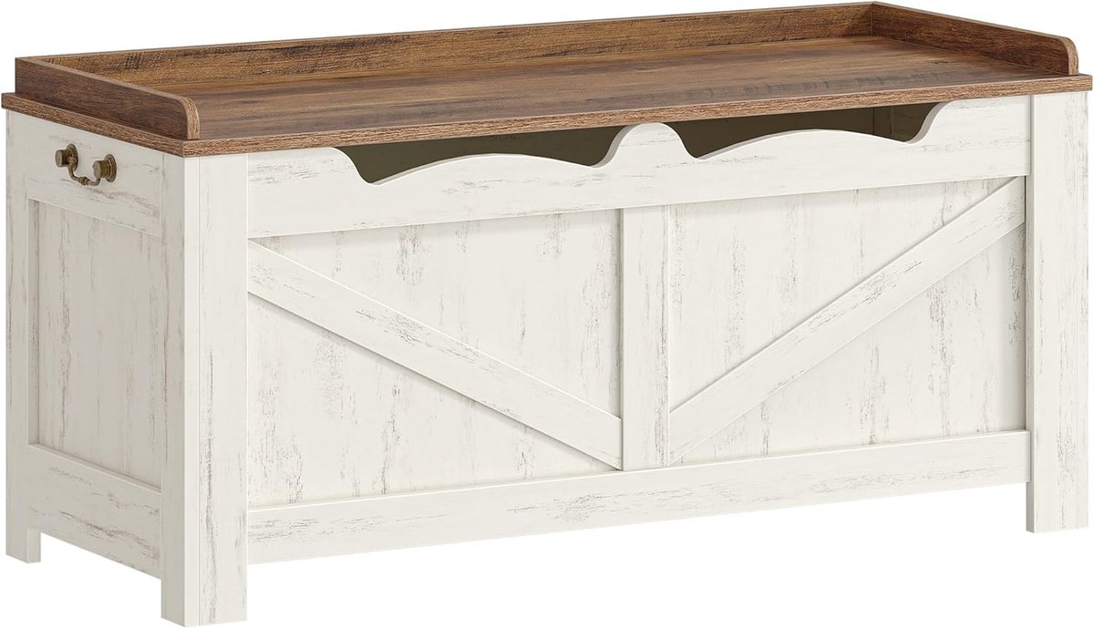 Hzuaneri schoenenbank, 100 cm bank met opbergruimte, wit/bruin, opbergkast, 2 stevige scharnieren, 40 x 100 x 48 cm, voor hal, woonkamer, X-frame met luifel