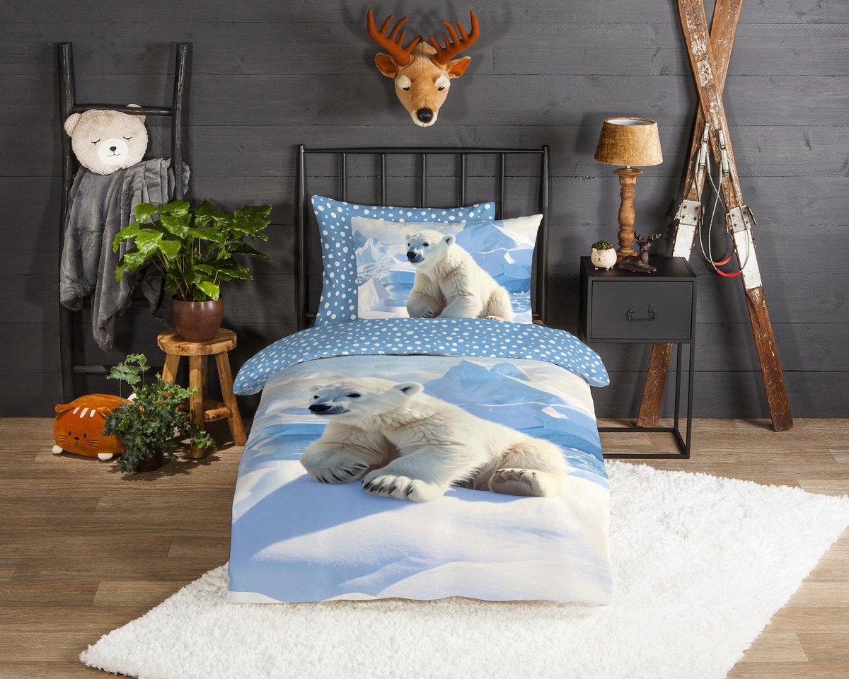 Good Morning dekbedovertrek ijsbeer - 1 persoons 140x200/220 cm - Blauw - 100% Katoen flanel