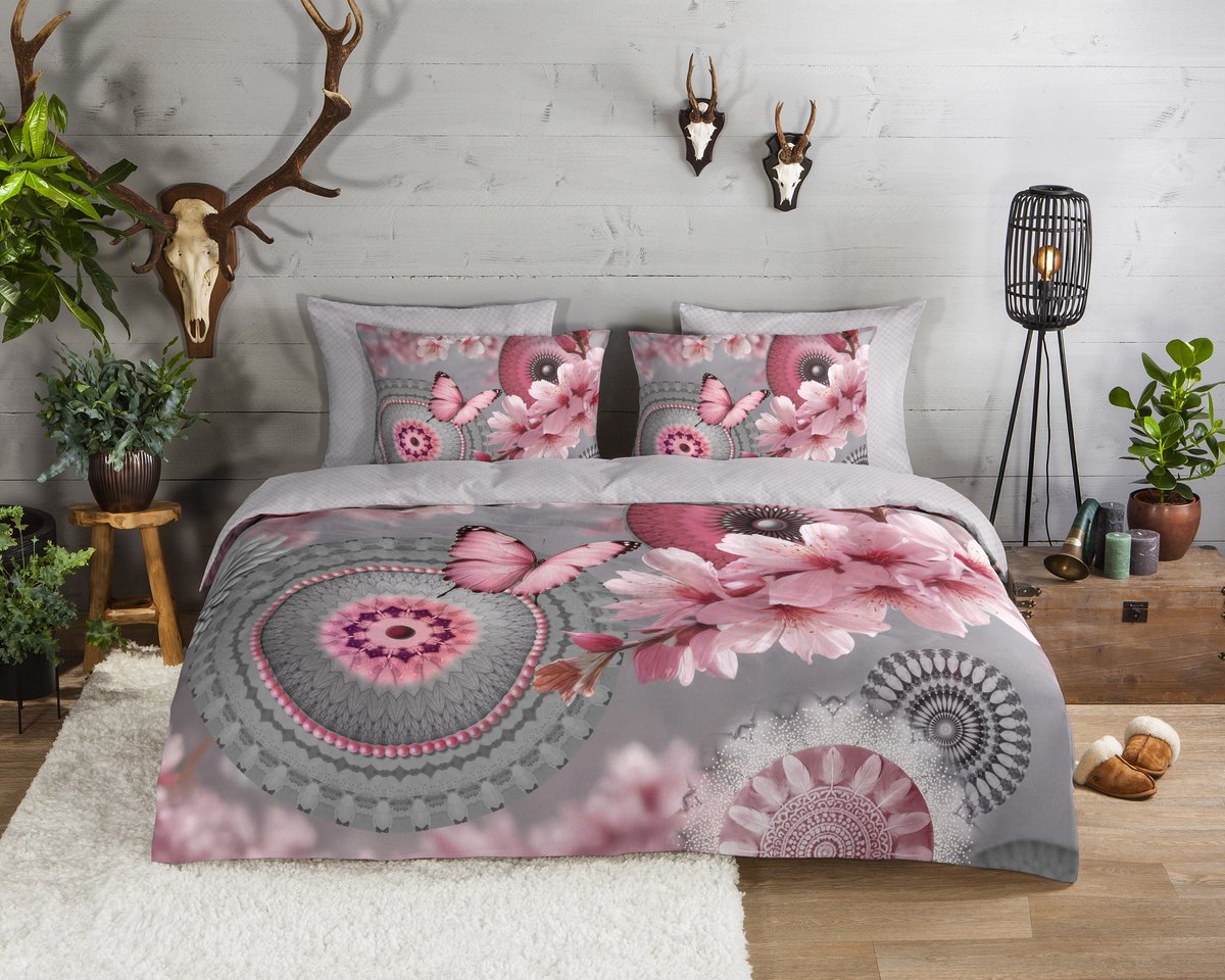 HIP dekbedovertrek bloemendesign met mandalas, bloesem en vlinder - 2 persoons 200x200/220 cm - Grijs - 100% Katoen flanel