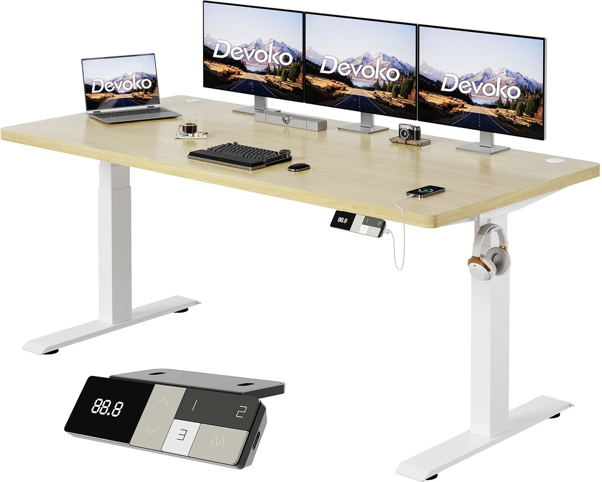 Devoko Elektrisch Zit-Sta Bureau 180x80 cm - Elektrisch Verstelbaar Bureau - In Hoogte Verstelbaar 63-128 cm - 25 mm FSC Tafelblad - Dubbele Motor - 125 kg - Wit/Beige