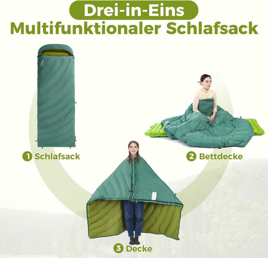 Donsslaapzak - Outdoor slaapzak - Kamperen en reizen - 3-in-1 ontwerp - 220x75cm - Grijsgroen — afbeelding 5