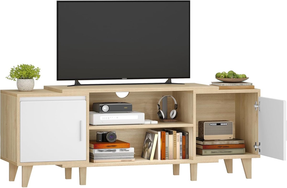Hzuaneri tv-meubel, 140 x 40 x 51,5 cm, wit eikenhouten afwerking, voor tv's kleiner dan 65 inch, tv-standaard met 2 kastjes en 2 open planken, voor woonkamer, slaapkamer, eetkamer.