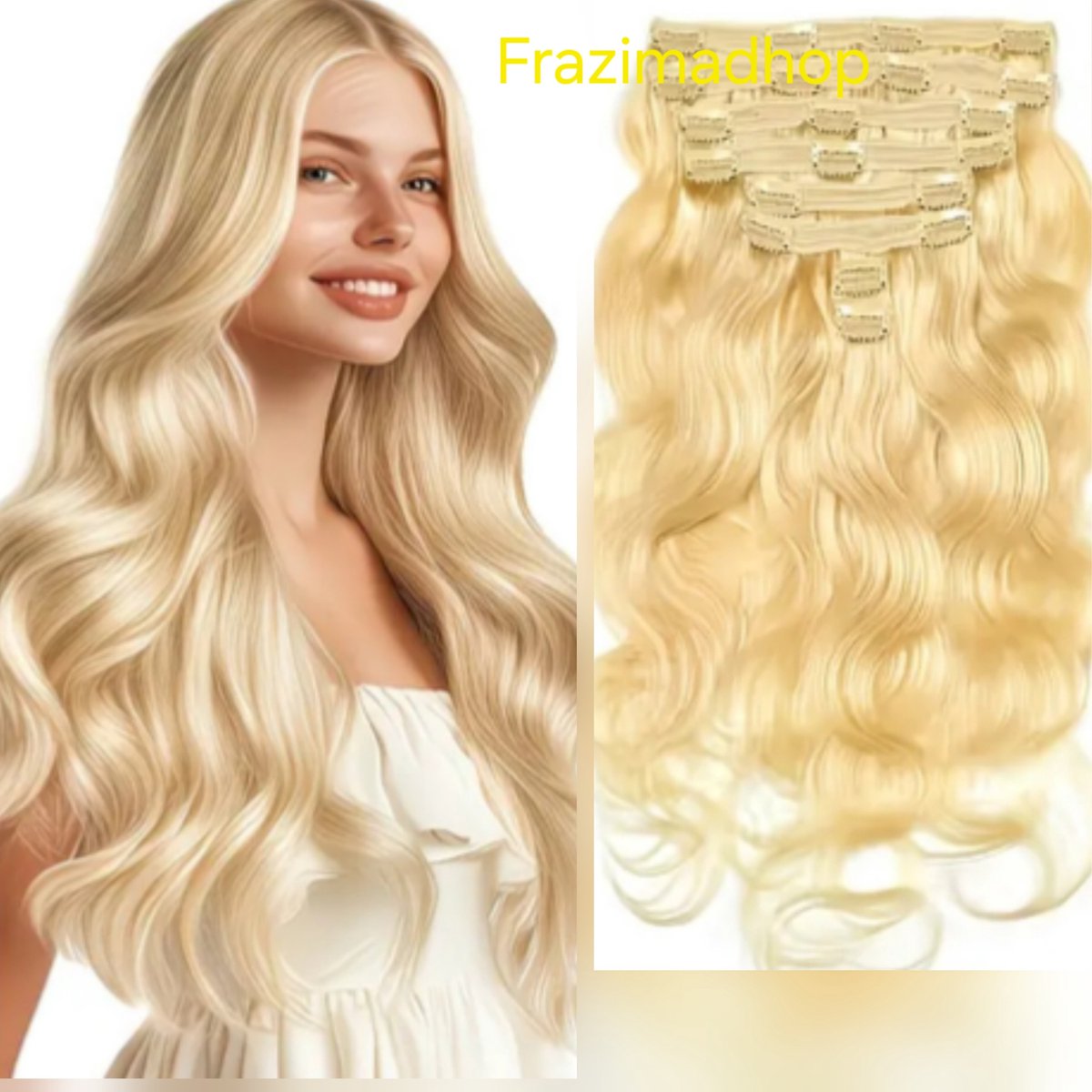 Frazimashop- Clip-in Haar Extensions – Braziliaans Mensenhaar – Golvend haar – Kleur 613 Goudblond – 35 cm – 115 g – 7-delige Set-