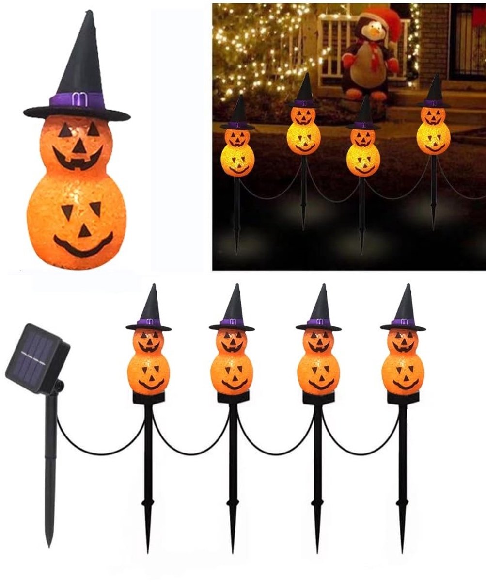 Namajunas - Pompoen lamp met grondpennen - 4 stuks - LED zonne decoratie lamp voor buiten - Valbestendig ontwerp - Halloween decoratie lamp - Energie besparend en milieu vriendelijk - Geschikt voor tuin, patio, parken, enzovoort