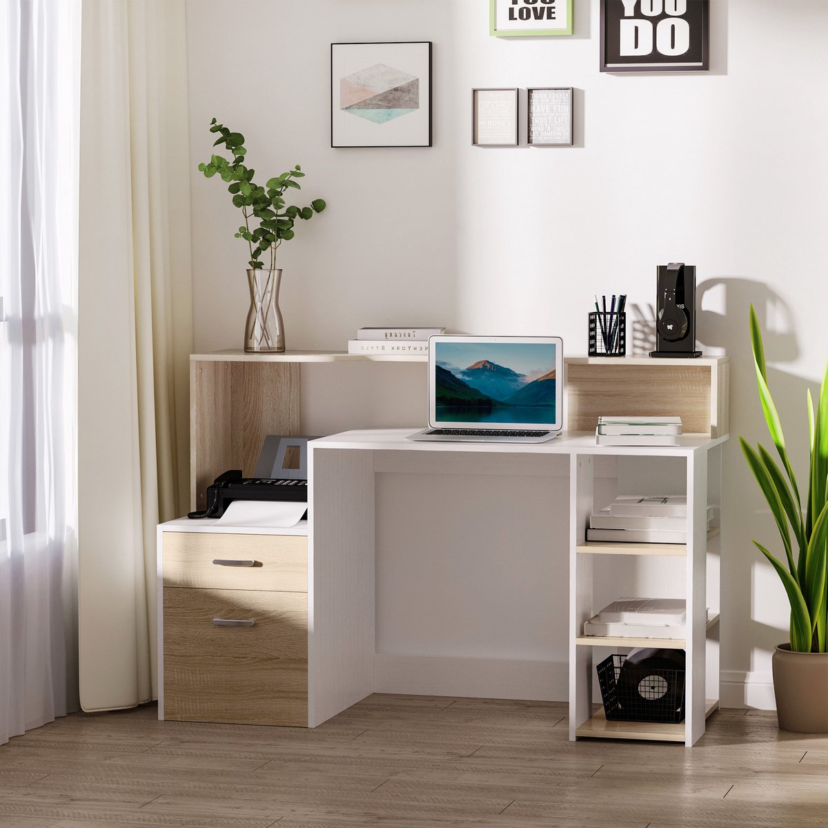 Opbergtafel - computerbureau met twee lades - afmetingen 137 x 55 x 92 cm - voorzien van open schappen en een printerrek.