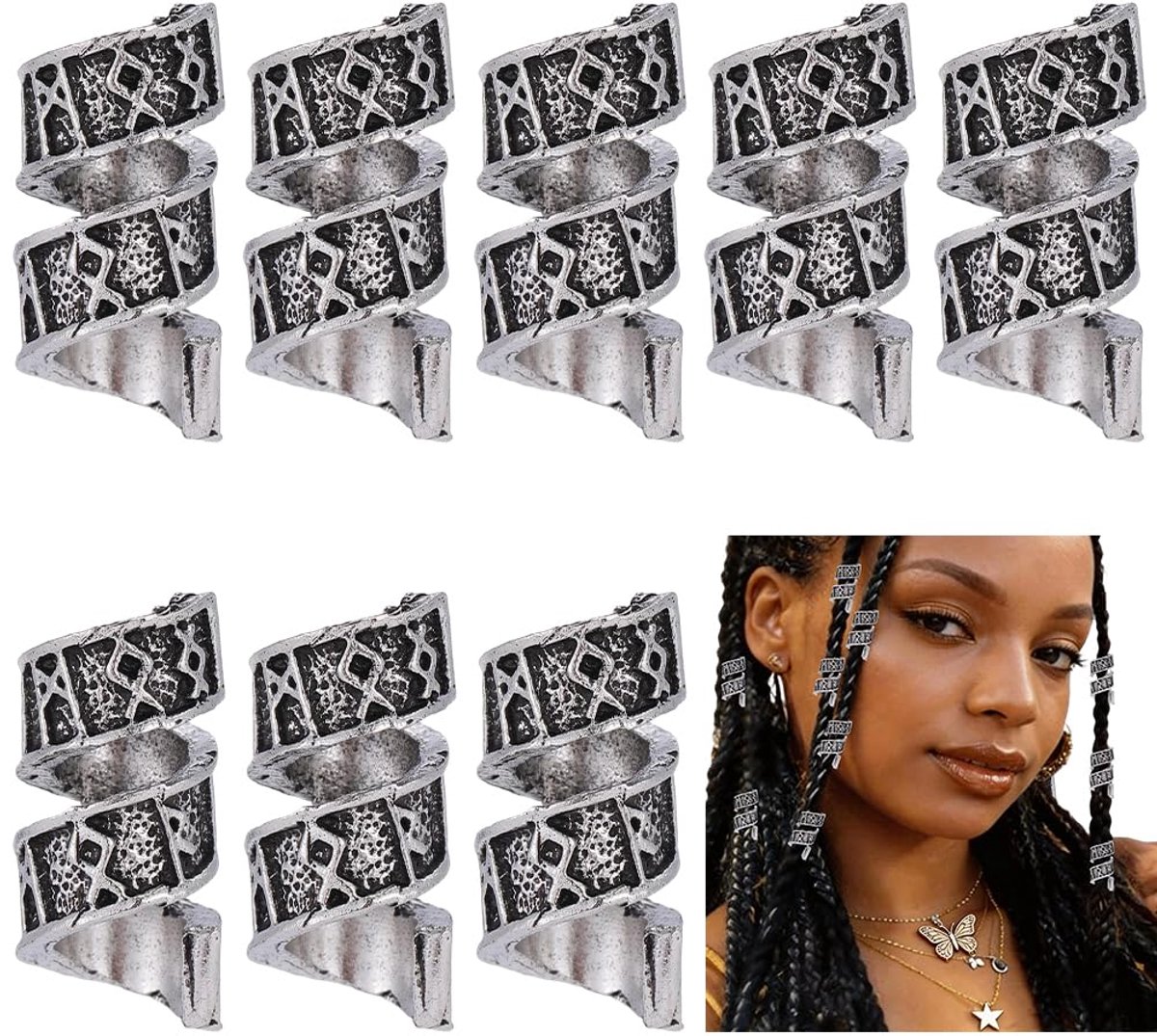 1 Doos 10 stuks Vikinghaarkralen Antieke zilveren Tibetaanse stijl legering Dreadlocks Vlechten Metalen Spiraal Losse Spacer kralenbedel Bulk voor sieraden maken Haaren Vlechten Accessoires