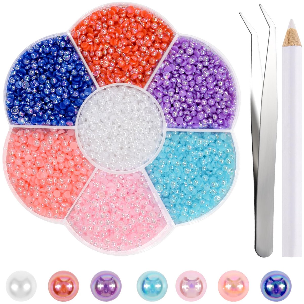 - 6480 stuks kralen met platte achterkant, 7 maten, gemengde kleuren AB, halve kralen met platte achterkant voor handwerk, decoratie, schoenen, kleding, tassen, doe-het-zelf