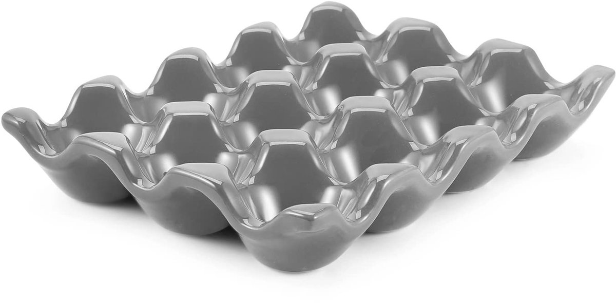 Keramische eierhouder voor koelkast - 12 kopjes eierbak, hele dozijn porseleinen containerbewaarder, opbergorganisator, decoratieve serveerstandaard, servies voor aanrechtblad, keuken (grijs)