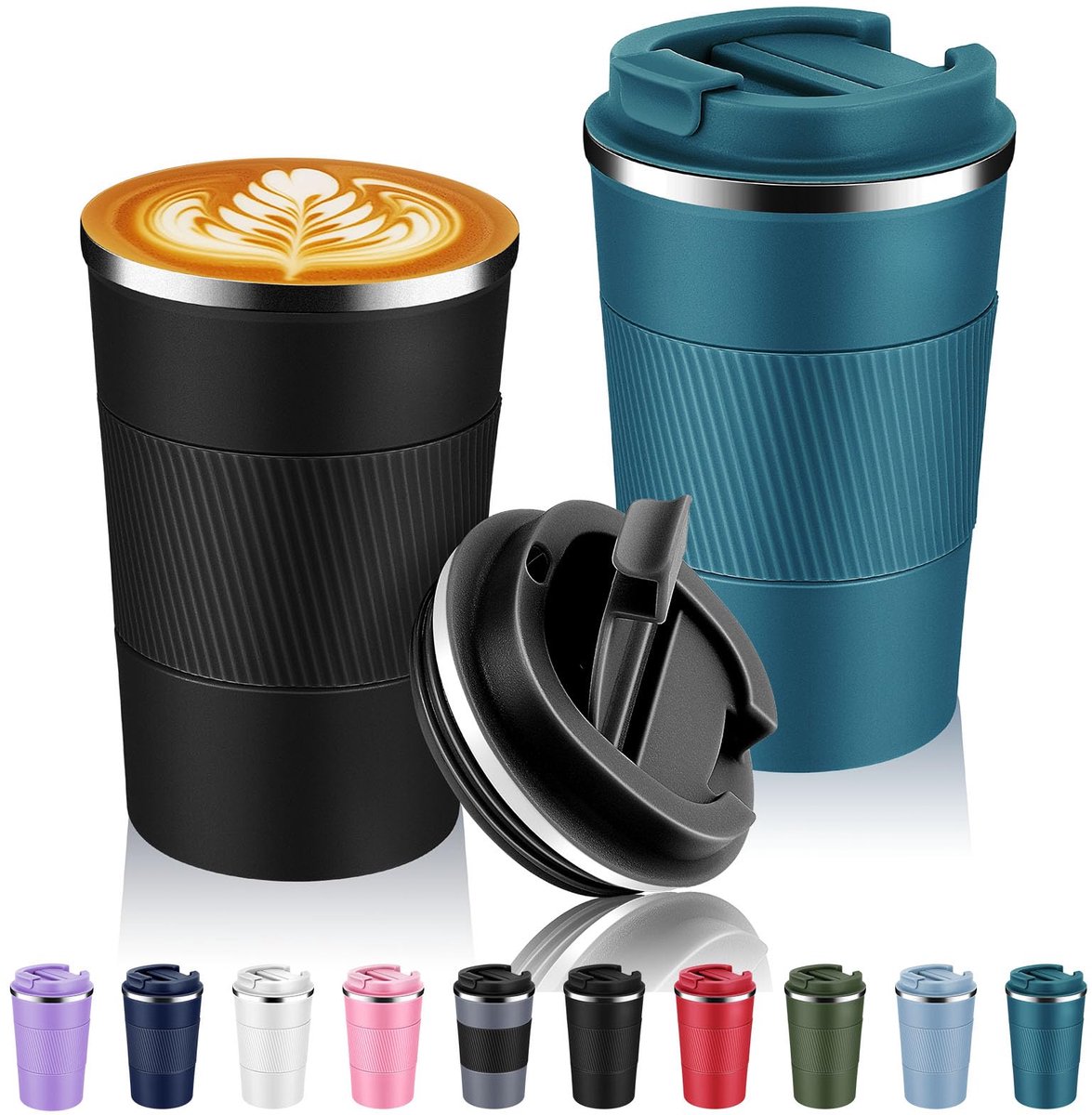 13 oz roestvrij staal geïsoleerde reiskoffiemok met klapdeksel bulk 2 stuks, herbruikbare dubbelwandige vacuüm metalen koffiekop, draagbare lekvrije thermische beker voor warme en koude
