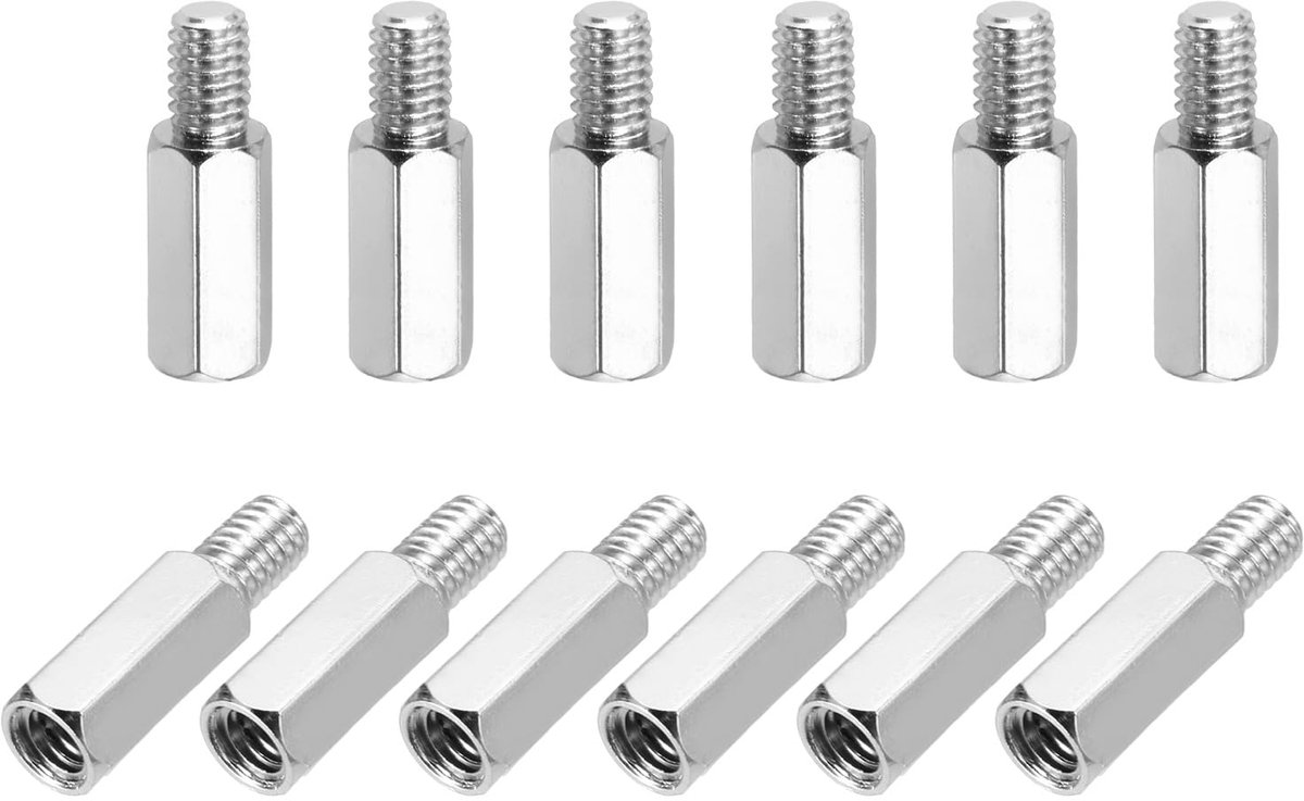 Zeshoekige spacermoeren, M4 x 12 mm+6 mm mannelijke schroefdraad messing vernikkeld afstandhouders voor moederborden afstandhouders voor printplaten, set van 12