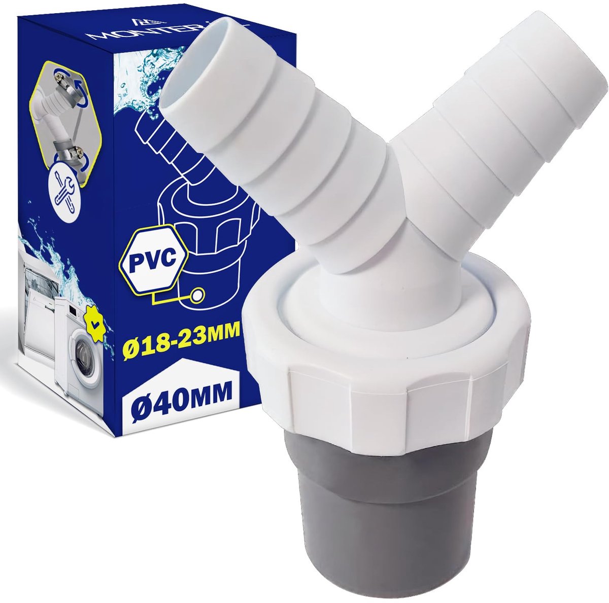Afvalpijp Connector Y voor wasmachine en vaatwasser met uitlaat van afvalsplitter voor buis Ø40 mm en inlaat Ø18-23 mm - Garantie 10 jaar - MONTERAL