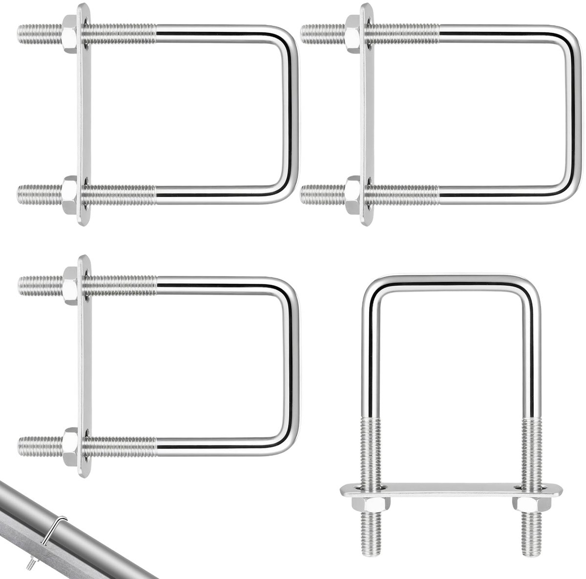 4 stuks beugelschroeven, M8 70 x 110 mm, U-beugel met schroefdraad, roestvrij staal, U-bouten met moeren, frameriem, beugelbouten, beugelschroeven voor installatie, stabiele sjorbeugel