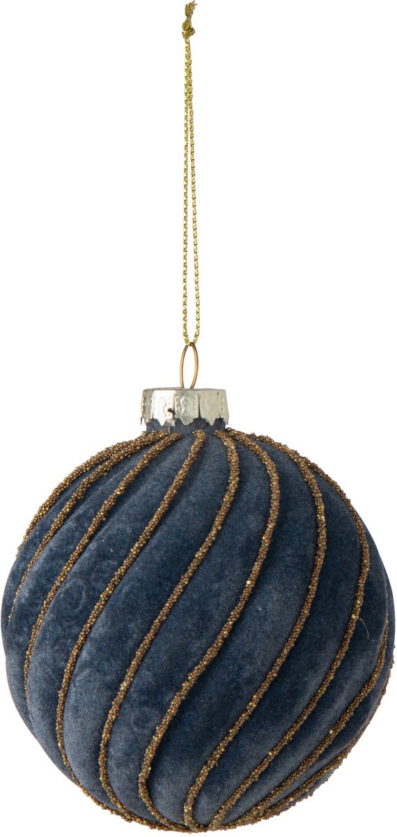 J-Line Gestreepte kerstbal - glas - donkerblauw/goud - small - set van 24
