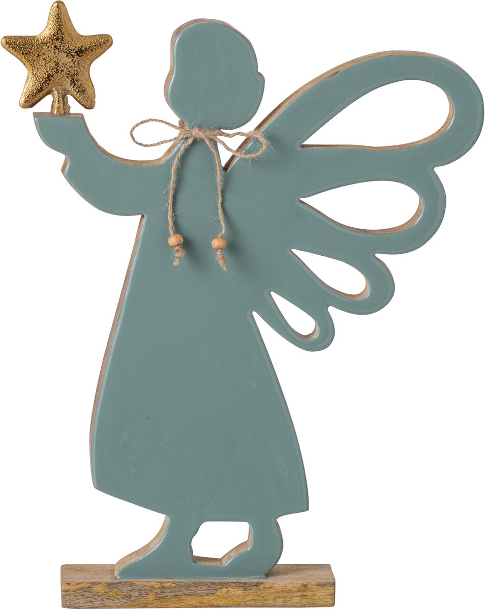 J-Line Engel met ster - mangohout - naturel/turquoise - large