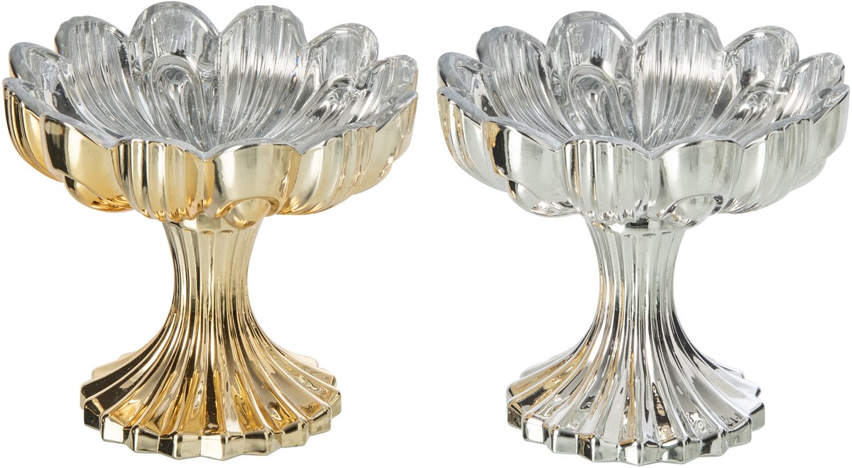 J-Line Windlicht met bloem op voet - glas - goud/zilver - assortiment van 2