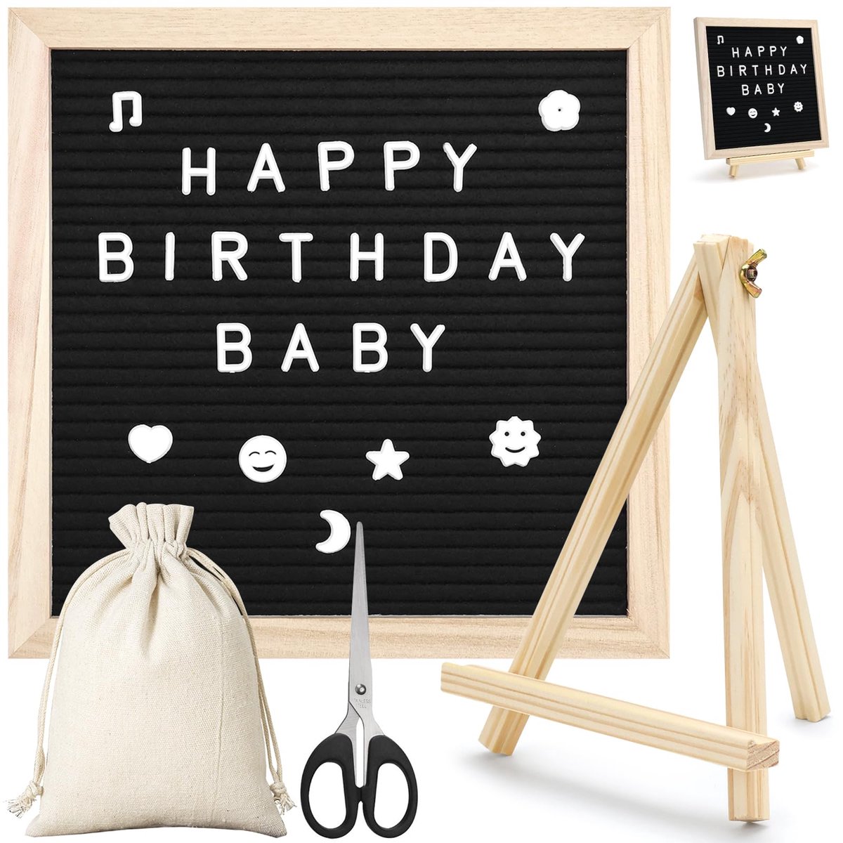 Vilten letter, 25 x 25 cm, met 340 letters, emoji-symbolen, ezel en houten tas voor het ophangen van notities, bord voor keuken, kantoor of bruiloft