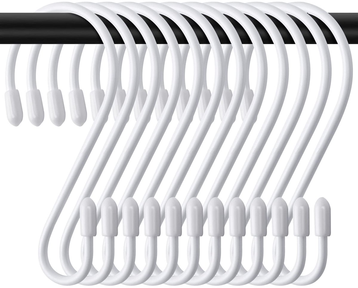 S-haken, 12 stuks, wit, 8 cm, kleine keukenhaken, metalen haken om op te hangen, belastbaar tot 5 kg, S-vorm, hanghaken voor kledingstang, keukenrek, keukengerei in slaapkamer, badkamer, kanto