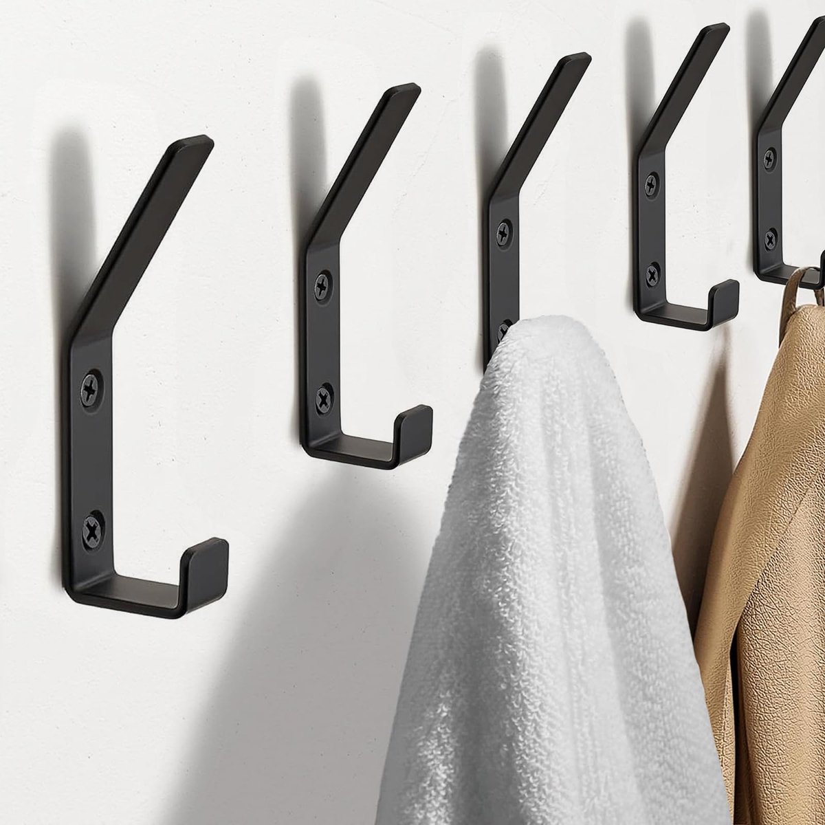 5 Stuks Jashaken, Zwarte Metalen Kledinghake, Dubbele Haken Met Schroeven, Kledinghaken, Wandhaken, Metalen Handdoekhaken Om Te Boren, Voor Jassen, Kleding, Woonkamer, Kledingkast, Badkamer