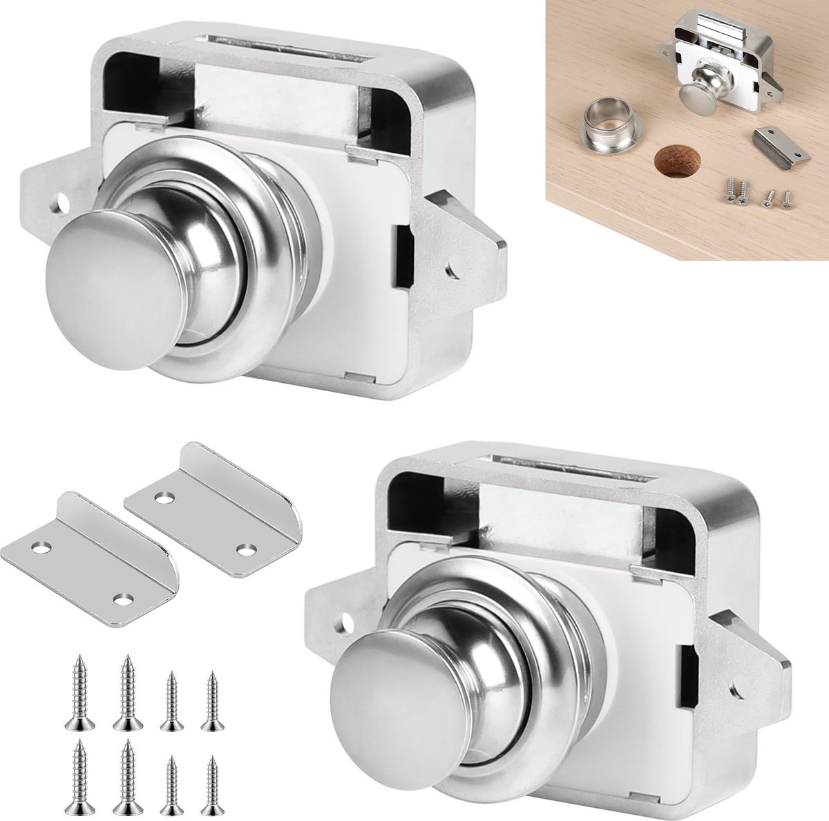 2 stuks metalen Push Lock-slot, camperkast, sleutelloos drukknopslot, vergrendeling, 15-18 mm, zilveren knop, Catch Lock, sleutelkast voor caravan, bestelwagen, jacht, camper, deurkast