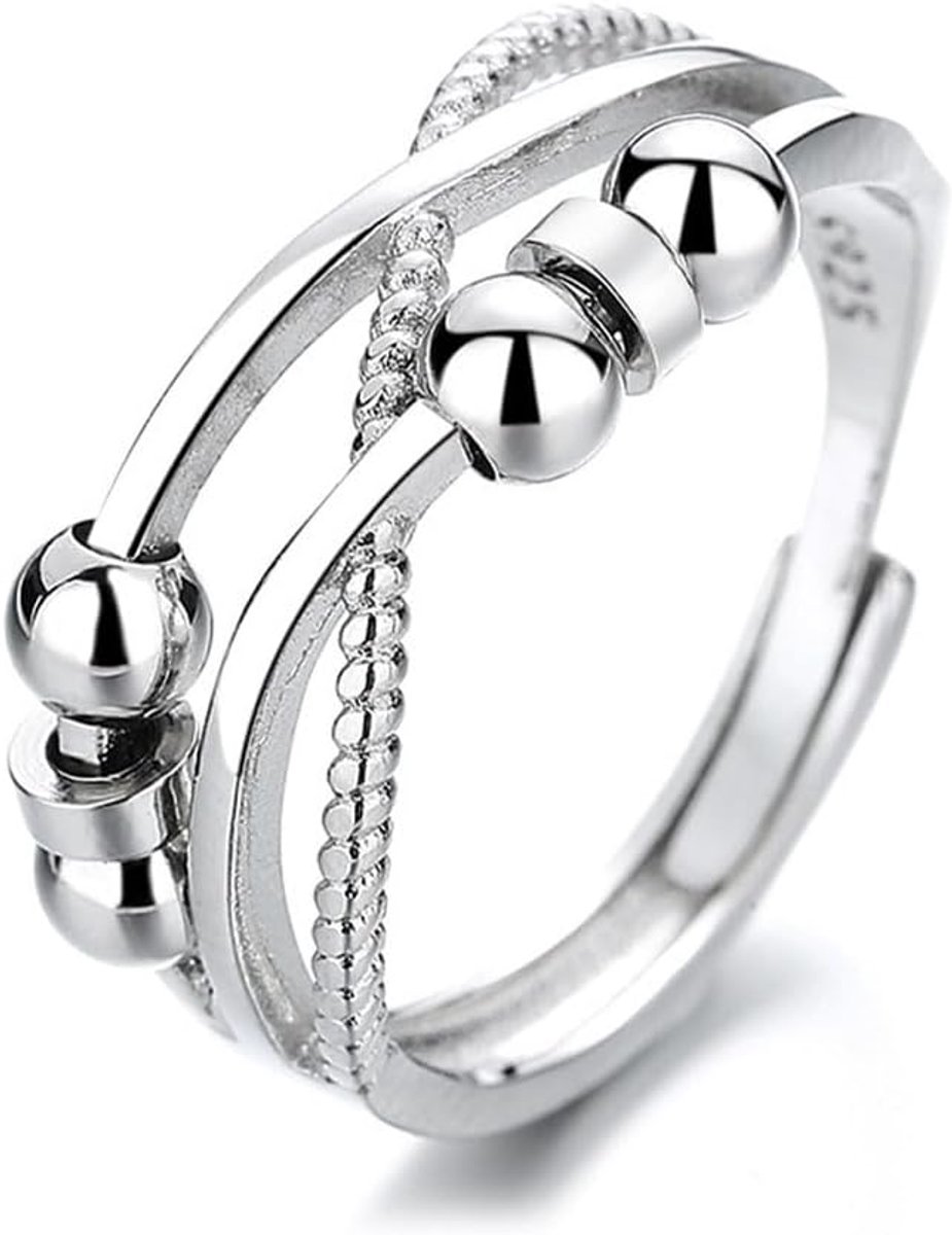 Ringen voor Vrouwen Verstelbare Angst Stress Open Spinner Kralen met Crossover Dubbele Laag Glanzend Zilver Open Fidget Ringen voor Vrouwen