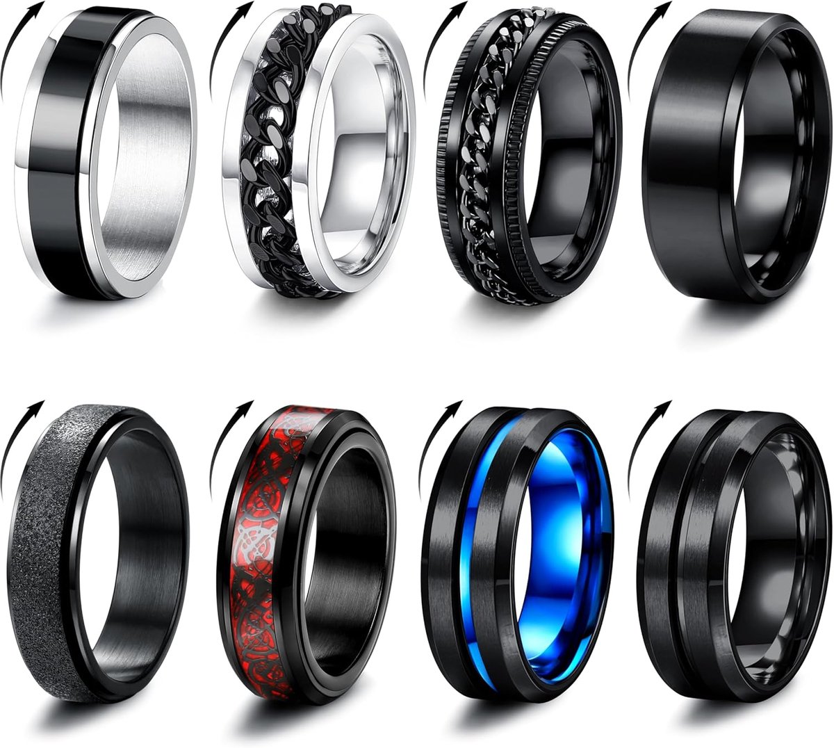 Ringen, roestvrij staal, zwart, draaibaar, rockketting, vintage, gothic, ringen van koolstofvezel, Keltische draak, blauw, bruiloft, belofte, ring, maat 52-70