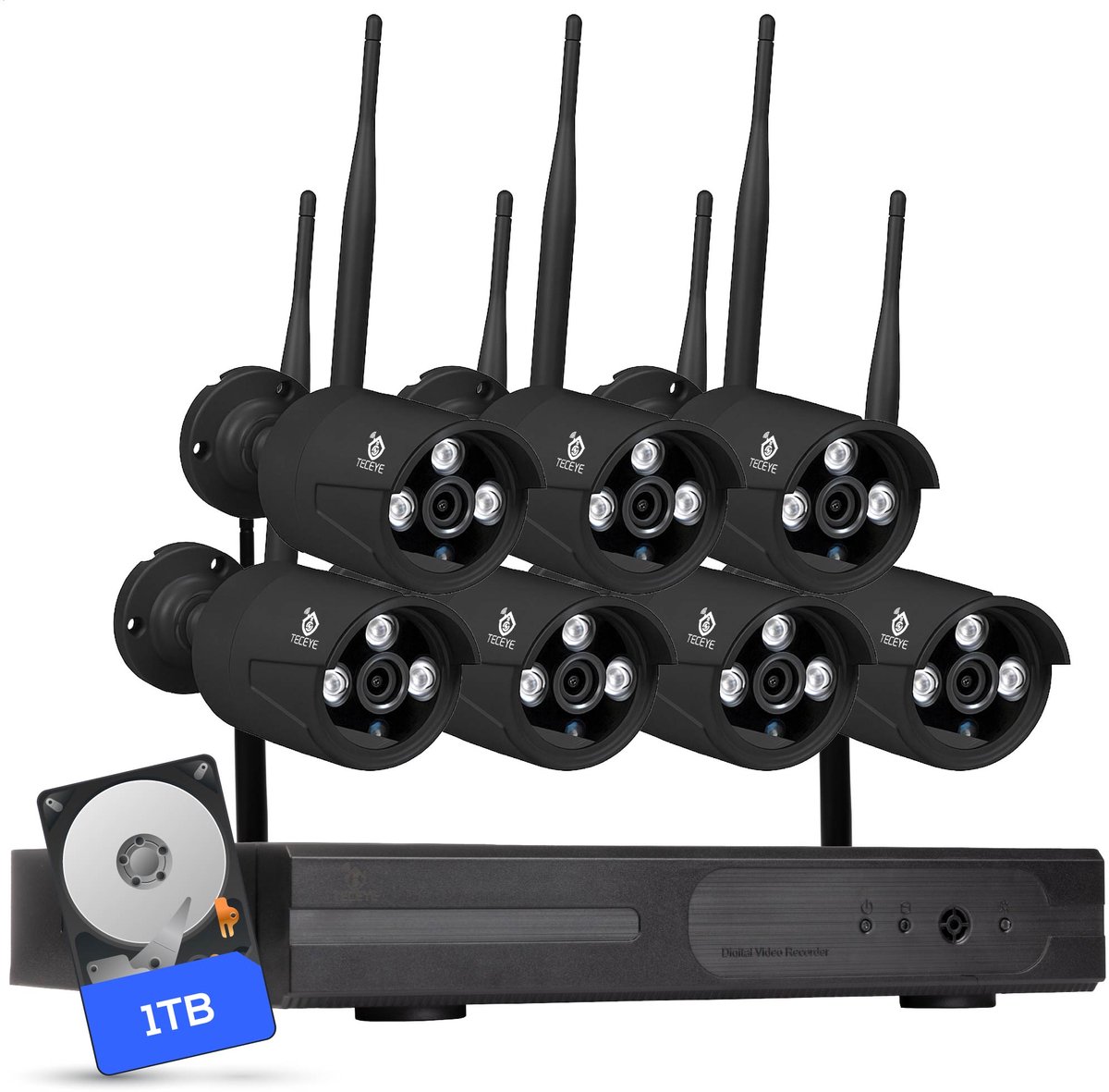Teceye - Bullet Beveiligingscamera Buiten met Recorder - Draadloze Buitencamera - 7 Camera - 1TB Opslag