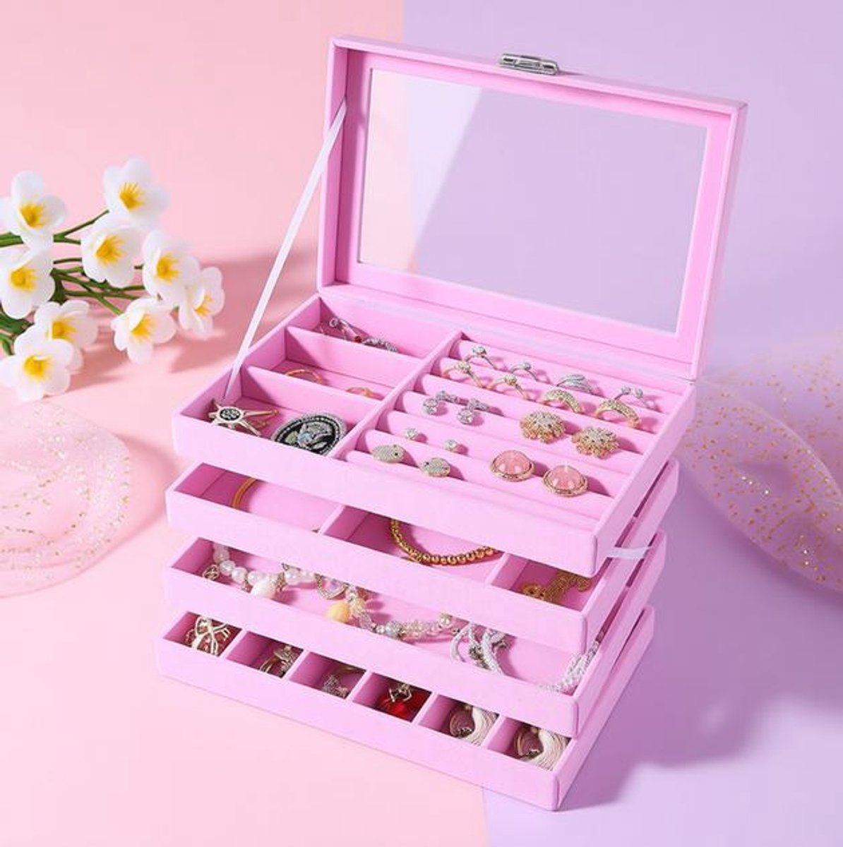 LoShop Stapelbare sieradenopberger met beweegbare scheidingswanden, 4 stuks, Roze - Sieradendoos voor ringen, oorbellen, armbanden en kettingen