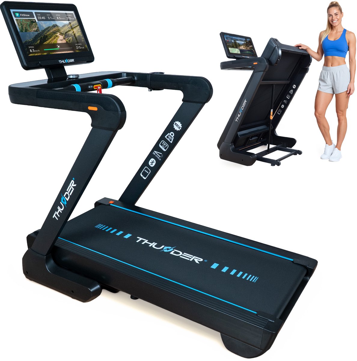 THUNDER Loopband - 4 HP - 21,5" Android TFT Touchscreen - 20 km/u - 25 hellingsniveaus - 180 kg - THUNDER ELION-S-TFT-BLACK