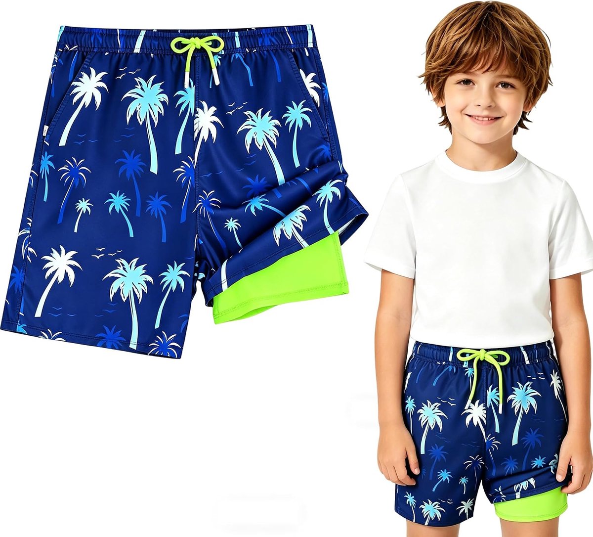 Zwembroek voor jongens, sneldrogend, met compressie-binnenbroek, 2-in-1 verstelbaar trekkoord, zwembroek met zakken, zwembroek met elastische tailleband voor strand, zwembad, vakantie