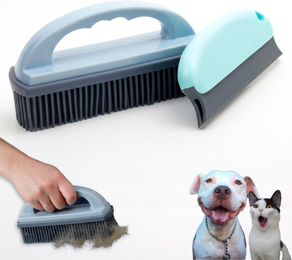 Haarborstel voor huisdieren voor honden en katten, kleding en bekleding, 2-in-1 set, groot en compact, pluisverwijderaar van rubber, wasbaar, zonder reserveonderdelen, bank, auto, tapijten en bedden