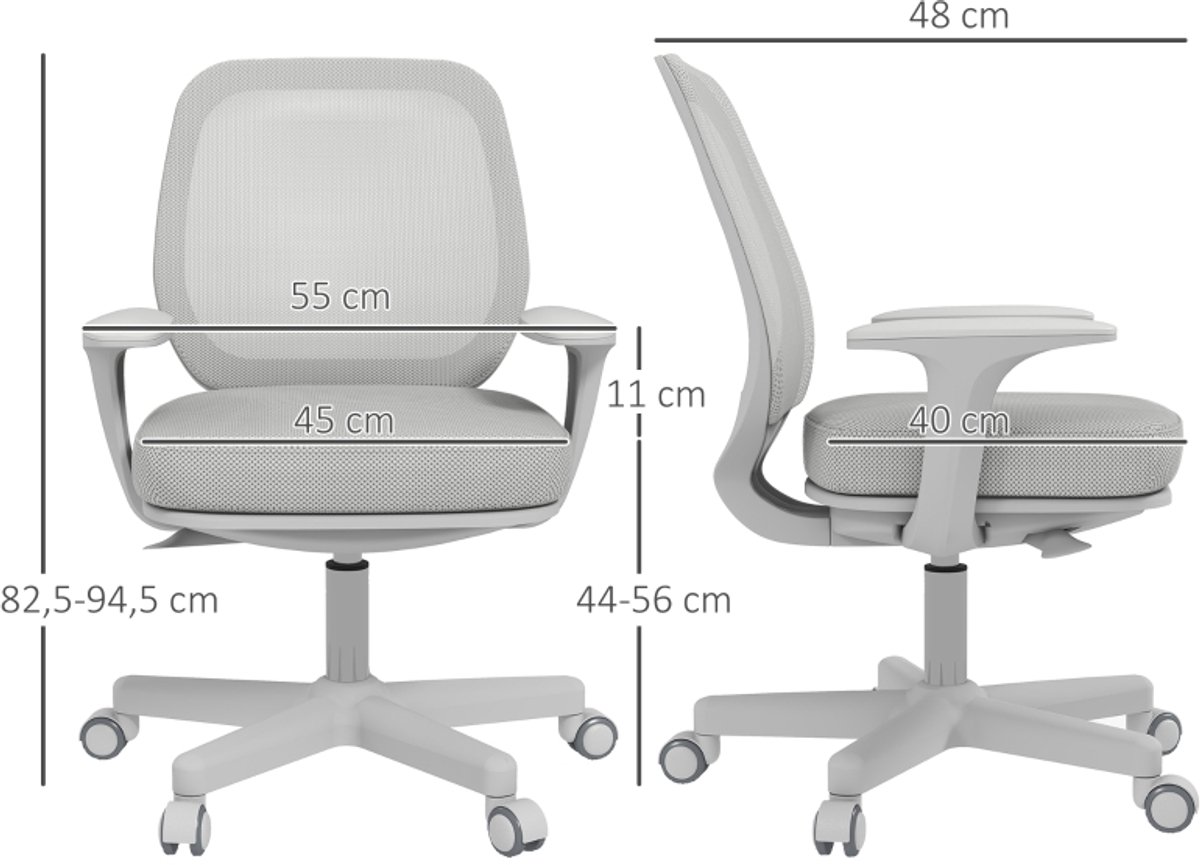 Ergonomische Bureaustoel Schreibtischstoel Draaistoel Hoogte Verstelbaar 55x48x82,5-94,5 cm Grijs Polyester Mesh Rugleuning Comfort Stoel Met Veiligheidswielen 360° Roterend Belastbaar 120 kg Home Office Computerstoel thumbnail 2