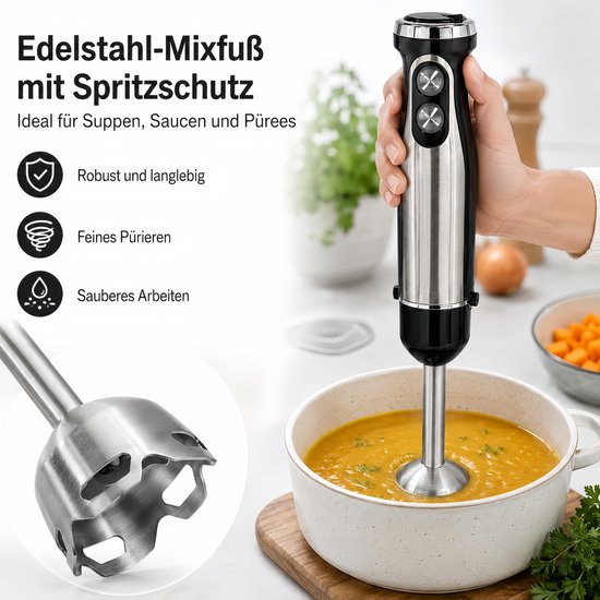 Staafmixer 5-in-1 mixerset, roestvrijstalen staafmixer met traploze snelheidsregeling, 1500 W, hakmolen, garde, melkopschuimer en maatbeker van OYLCDI — afbeelding 5