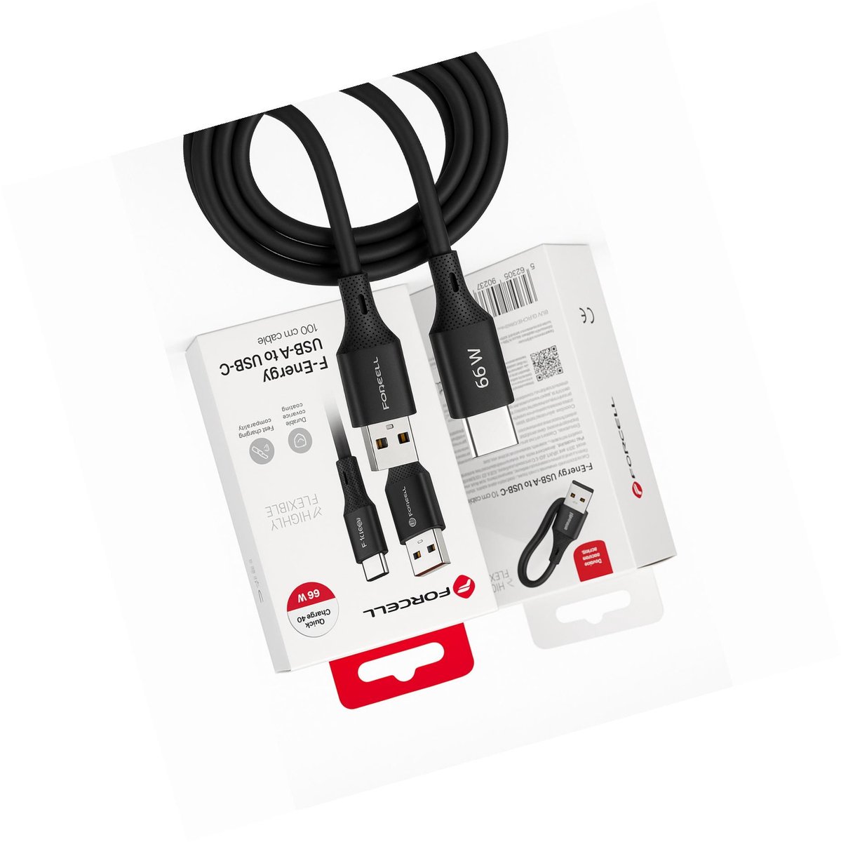 Forcell USB-A naar USB-C Kabel 66W 1m Zwart Android Auto