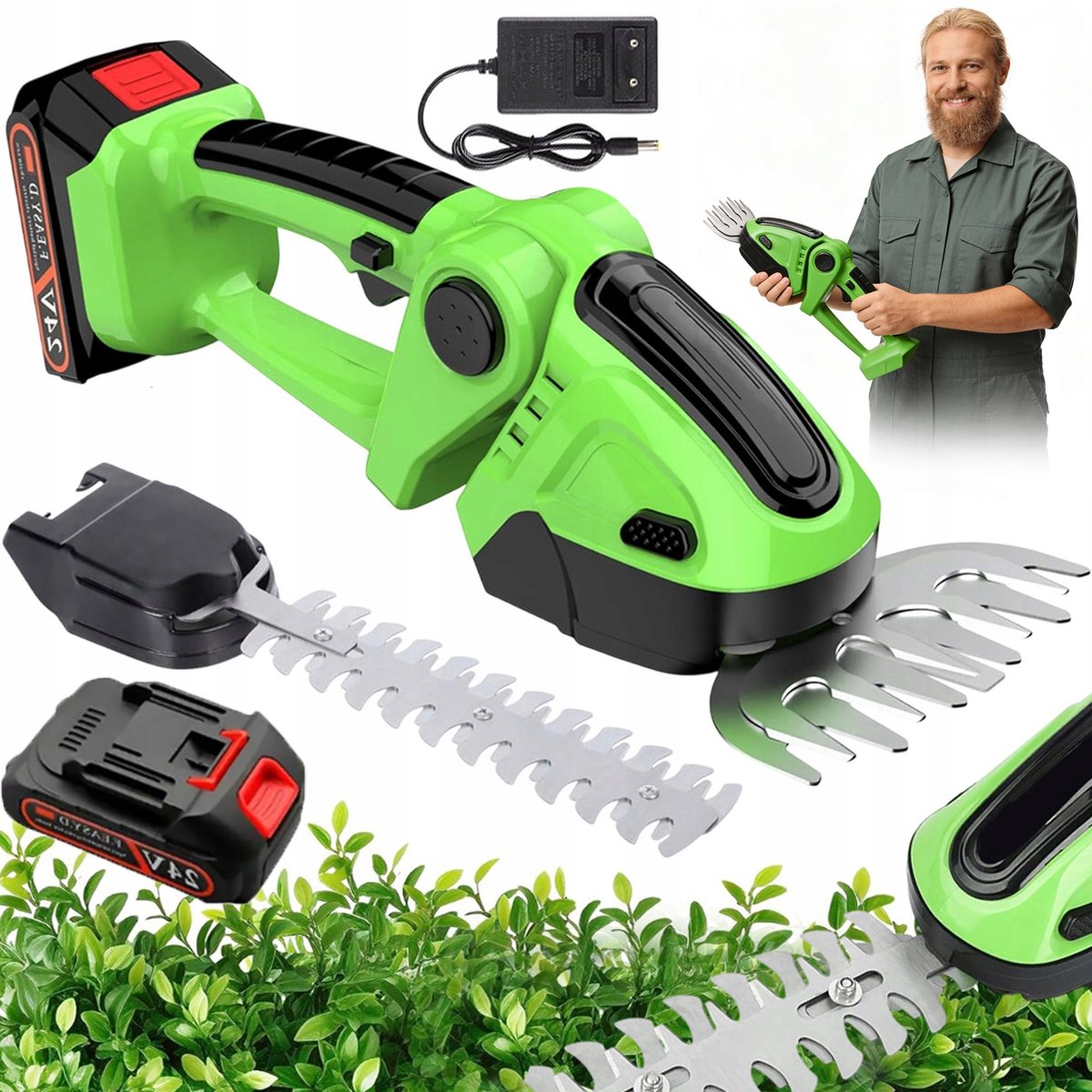 Heggenschaar Accu - Gras- en Haagschaar - Snoeischaar - Grasschaar - 2-in-1 Buxusschaarmes en Grasschaarmes - 500W - Dubbel Veiligheidsslot - Tuingereedschap - Voor Kleine Tuin en Balkon