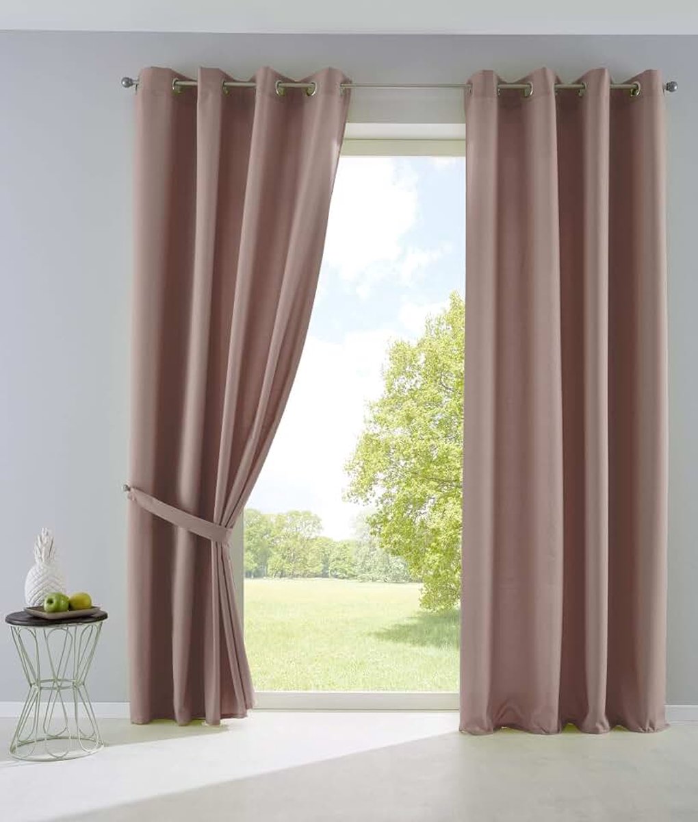 Set van 2 gordijnen, ondoorzichtig, mat, lichtdoorlatend, met oogjes en embrasses deco, H x B 175 x 140 cm, taupe, 10000265-2