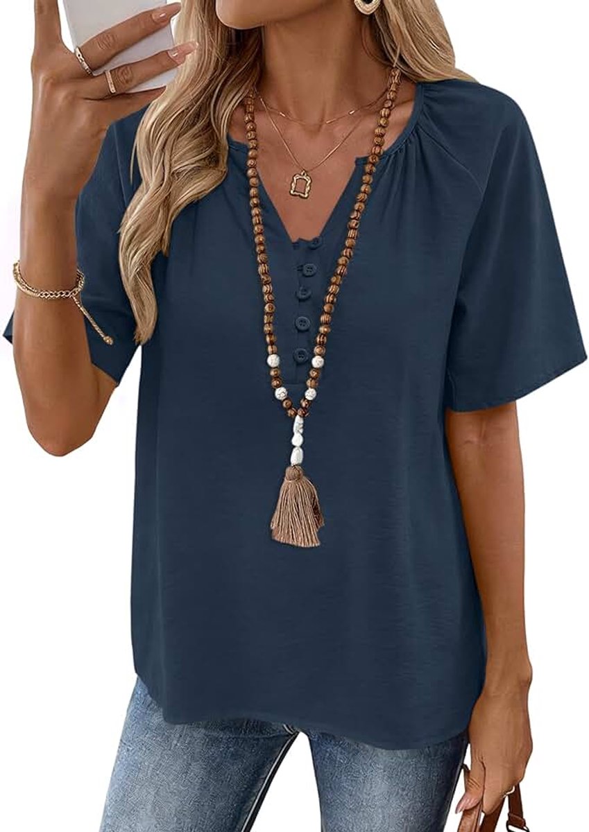 Damestops V-hals Korte Mouw Katoen Linnen Blouses Zomer Boho Tops voor Vrouwen T-shirt Ademend Knopen Elegante Shirts Dressy Casual Tuniek Losse Fit