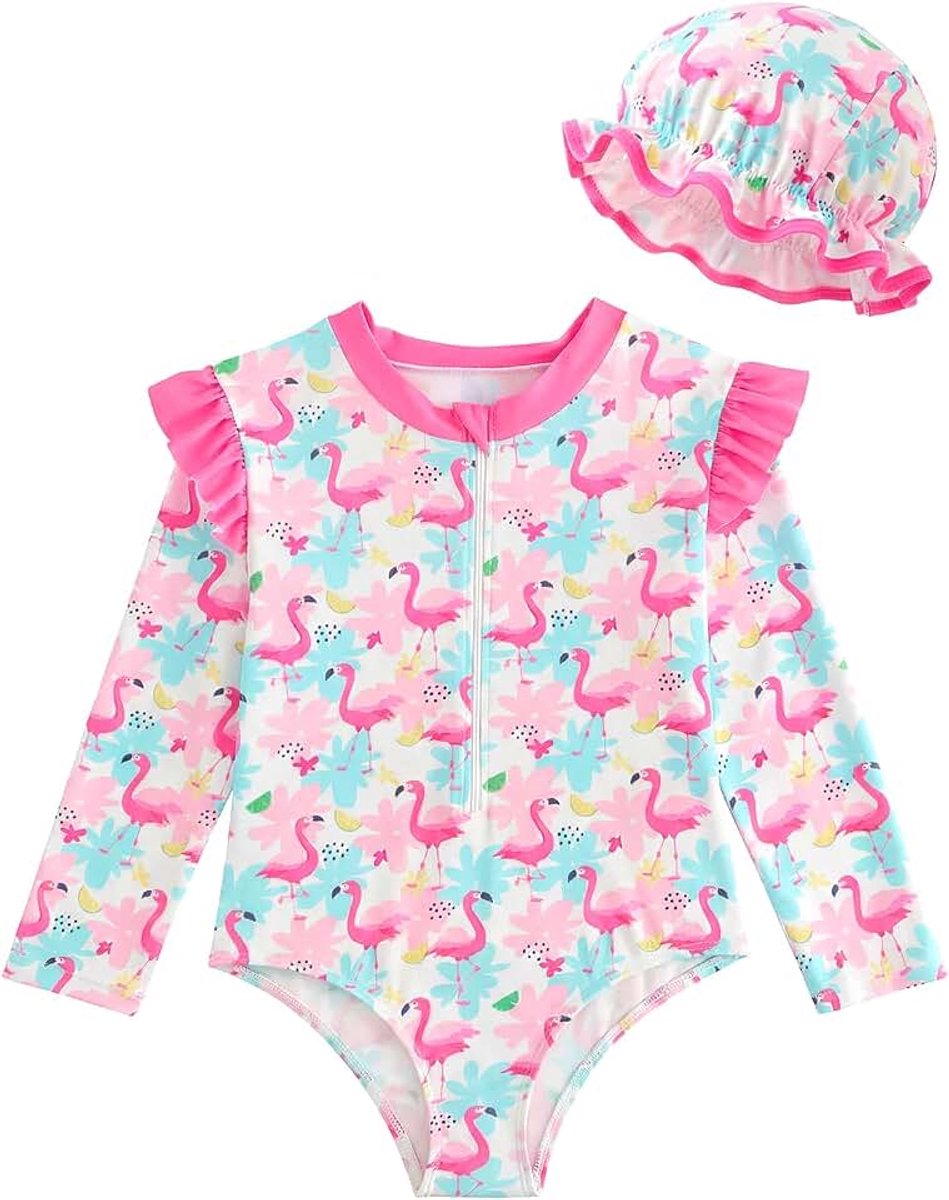 Eendelig badpak voor meisjes, lange mouwen, met zonnehoed, uv-bescherming, eendelig, kinderzwempak met ritssluiting, badkleding