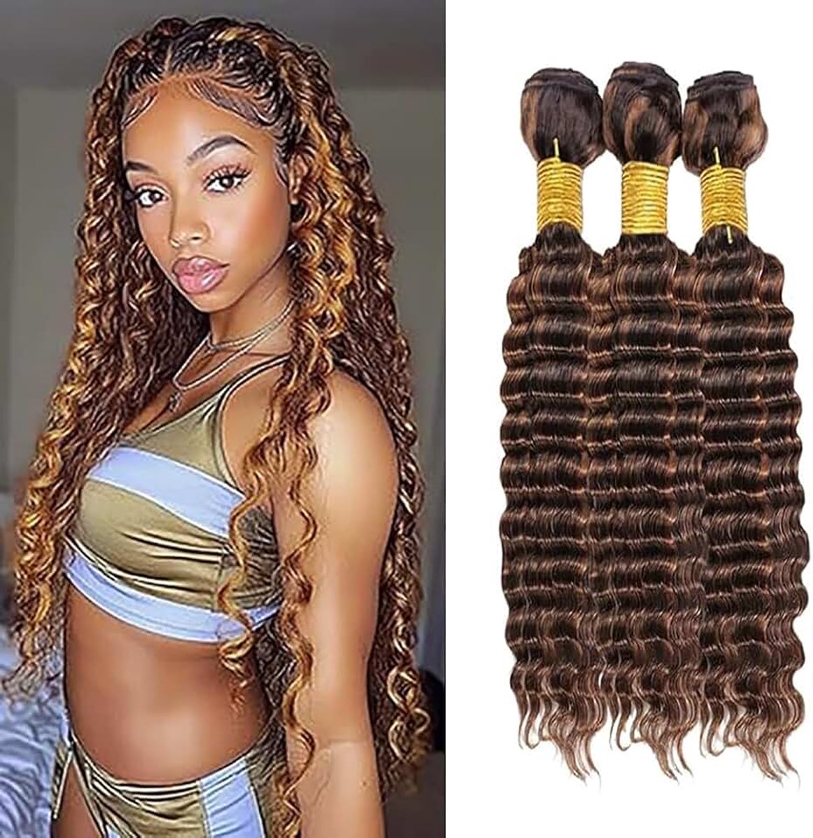 Wave Human Hair Bundles Unprocessed Human Hair Extensions Double Weft Weave 3 Bundles 50g/Piece Highlight Brown P4/30 for Woman 22 24 26 Inch